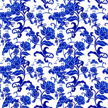 chinese porcelain with floral design, hand-drawn watercolor painting pattern seamless design