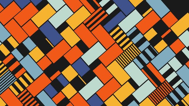 Vibrant Geometric Block Pattern with Stripes. Rectangles are arranged in an abstract geometric layout, bold colors creating dynamic, visually stimulating and modern design