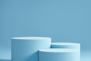 Pastel blue cylindrical podiums against a light blue background