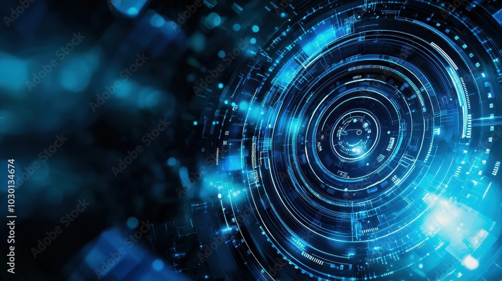 Poster futuristic digital abstract background with blue glowing concentric circles and particles.