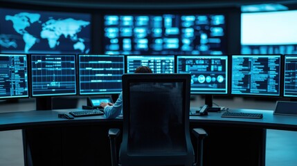 A high-tech control room filled with multiple monitors displaying data and analytics in a blue-toned environment.