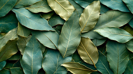 A close-up of dried bay leaves with their glossy, deep green appearance, laid out on a white background