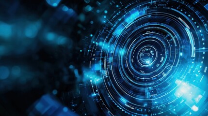 Obraz premium Futuristic digital abstract background with blue glowing concentric circles and particles.