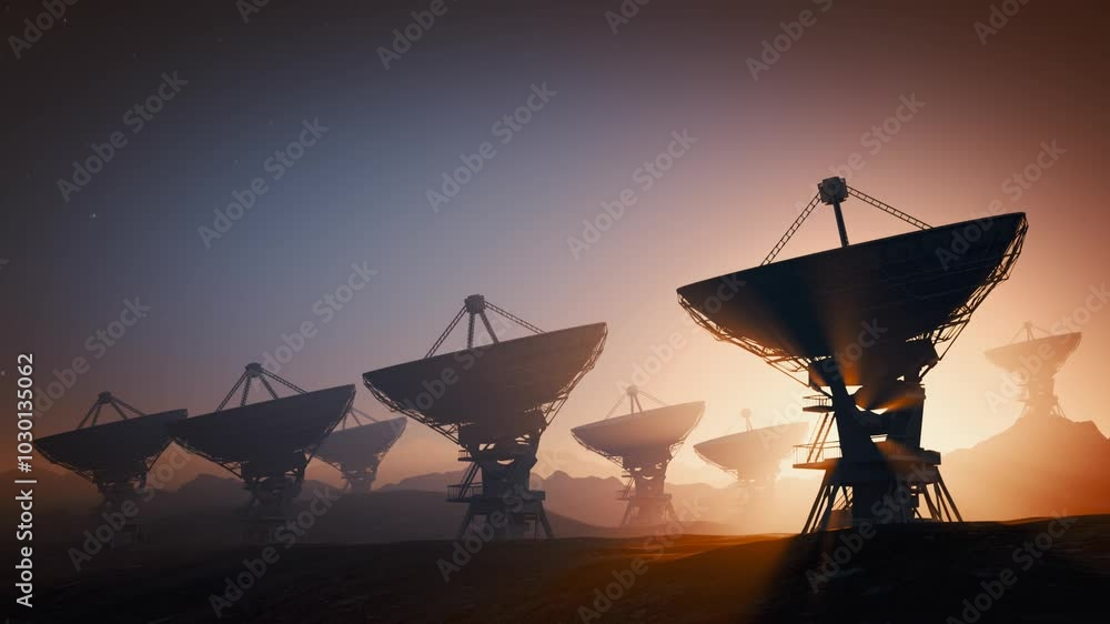 Wall mural array of radio telescopes for observation radio signals from space at night.