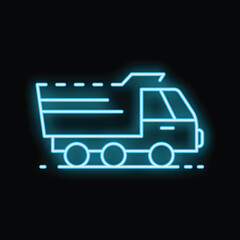 Blue neon sign of a dump truck moving on a black background, perfect for projects related to construction or transportation