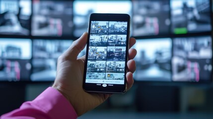 A person holding a smartphone displaying multiple security camera feeds in a monitoring setting.