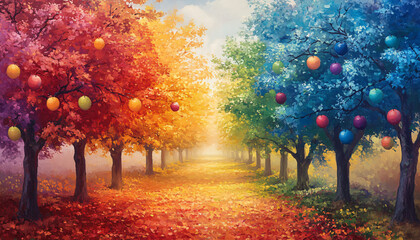 Fototapeta premium A peaceful orchard filled with rows of trees whose leaves are glowing in rainbow colors. Red, blue, green, and golden apples dangle from the branches
