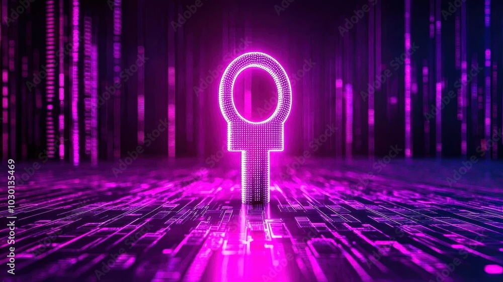 Poster a giant keyhole in the center of a vast matrix of digital data, with tiny padlocks locking and unloc