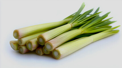 A close-up of fresh lemongrass stalks with their pale green color and fibrous texture, isolated on a white background