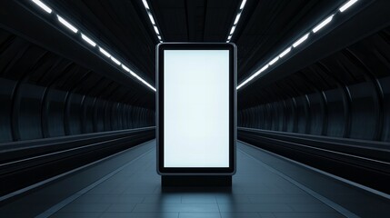 A minimalist image of a blank advertisement board situated in a modern underground tunnel, surrounded by sleek lines and illuminated by artificial lighting