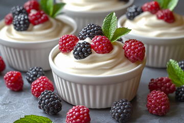 Delicious berry parfaits served in white bowls with mint garnish