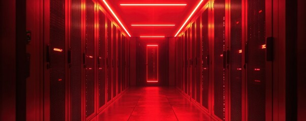A server room bathed in red light, symbolizing active data security measures