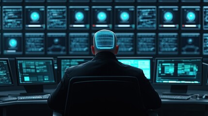 A person sits in front of multiple screens, observing data, with a digital representation of a brain glowing above their head, suggesting advanced technology and analytics.