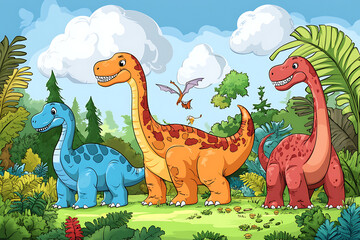 Naklejka premium A colorful illustration of three friendly dinosaurs in a lush prehistoric landscape.