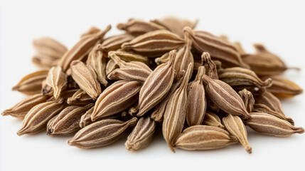A close-up of rare ajwain seeds with their tiny, oval shape and ridged texture, scattered on a white background