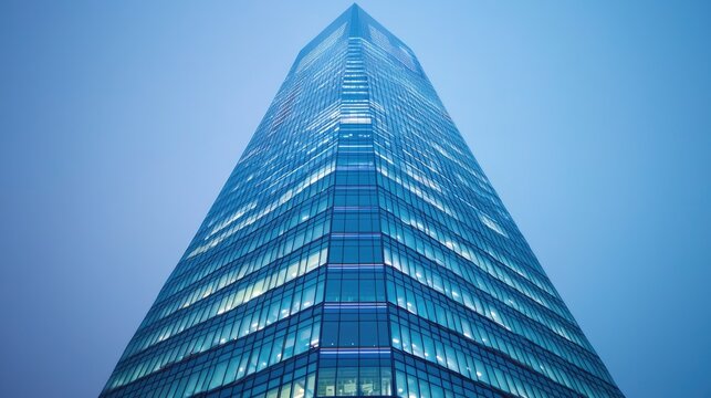 A modern skyscraper with a sleek, glass facade reaches upward against a soft, blue sky, creating an impressive and striking architectural presence.