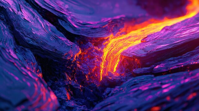 A vibrant view of molten lava flowing between dark rocks, showcasing the beauty of nature's fiery elements in an eye-catching combination of purple and orange.