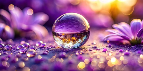 A crystal sphere resting upon petals, capturing the essence of a vibrant purple flower blooming under a golden sunset