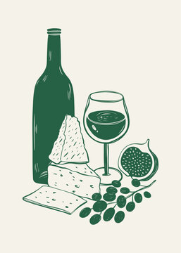 Composition of wine glass, bottle, cheese and grape. Sketch style illustration for poster or invitation to party.