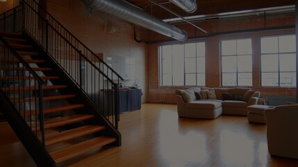 Modern Loft Apartment with Exposed Brick Walls  Hardwood Floors  and Large Windows