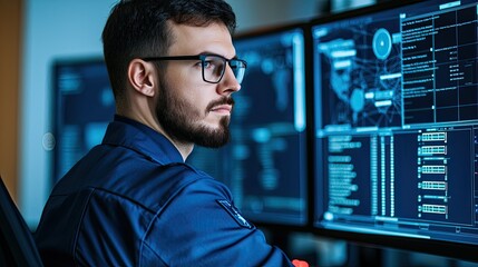 A focused individual analyzes data on multiple screens, surrounded by digital graphics, in a modern tech environment, highlighting cybersecurity or data analysis.