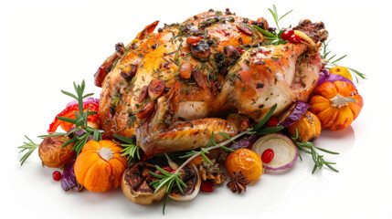 Crispy roast turkey with vegetables arranged in a traditional thanksgiving day, isolated on white background