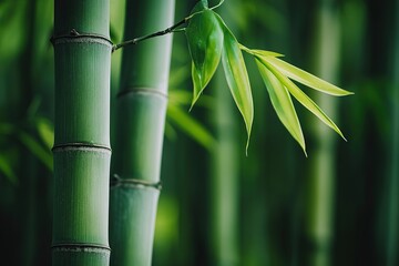 A close-up of bamboo shoots and leaves, with the background being lush green bamboo stalks