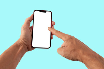 Male hands holding a red smartphone, pointing gesture, on cyan background mockup