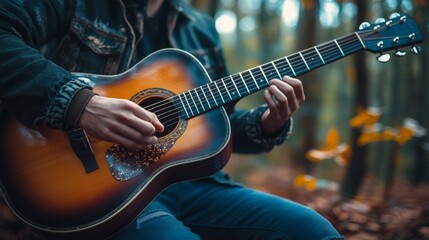Obraz premium Acoustic Guitar in Forest Setting