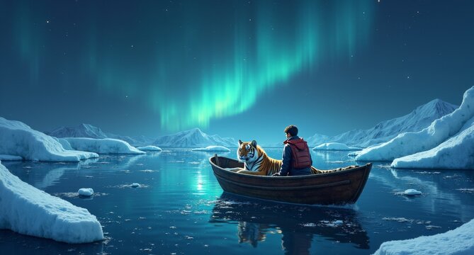 A boy sits in a lifeboat with a tiger, surrounded by snow and icebergs. Northern Lights dance overhead as they drift toward the dawn of a New Year, embodying survival, faith, and the beauty of the unk