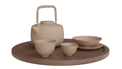 a teapot, a cup and a ceramic plate on a wooden tray