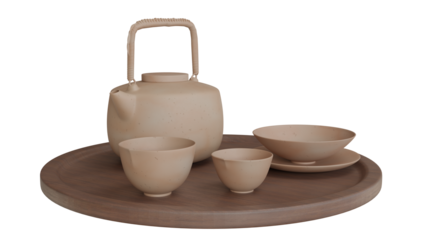 a teapot, a cup and a ceramic plate on a wooden tray