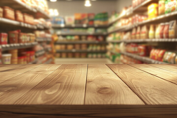 Obraz premium Wooden Tabletop with Blurred Grocery Store Aisle in Bright Lighting