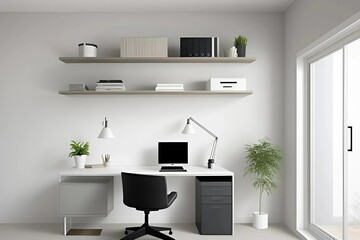 A bright white home office featuring a sleek desk and a modern computer setup, creating a productive workspace.