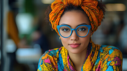 A woman wearing a vibrant headwrap and glasses poses confidently indoors, showcasing her unique style and personality in a lively urban setting