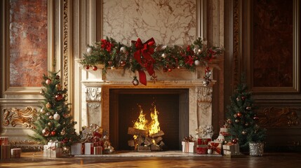 Cozy fireplace adorned with festive christmas decorations casts a warm glow on a rustic living room