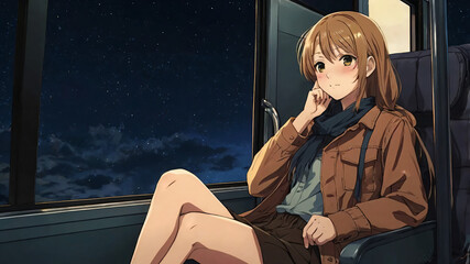 An anime character  alone in the train after hours, nightime in the train