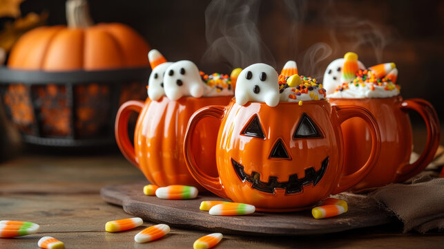 Halloween pumpkin mugs of hot chocolate with candies and ghost shaped marshmallows on wooden background