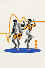 Vertical photo collage of happy girl guy dance weekend occasion volume graph entertainment party...