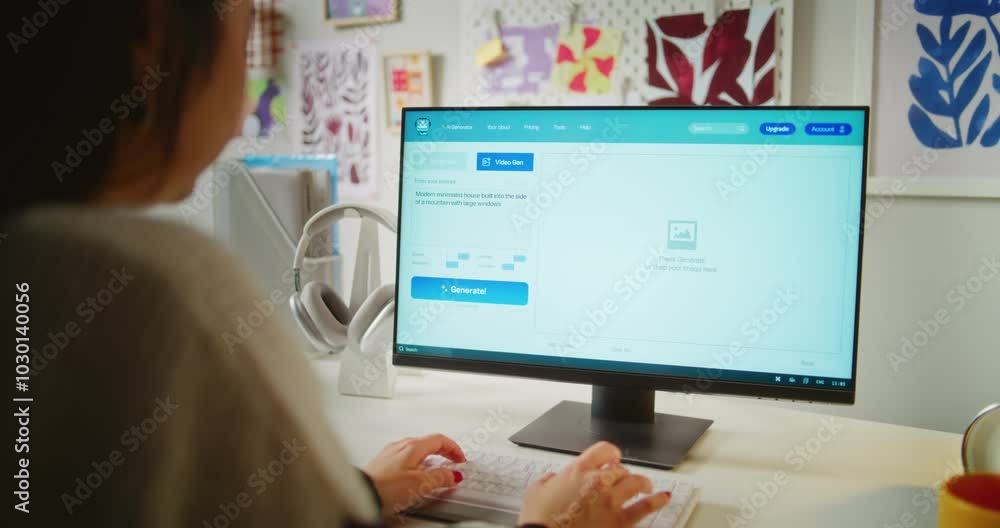 Poster teen girl types prompt in ai video generator on computer. artificial intelligence app generates deta