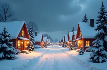 Fototapeta premium Christmas village, cozy houses with snowdrifts, warm atmosphere