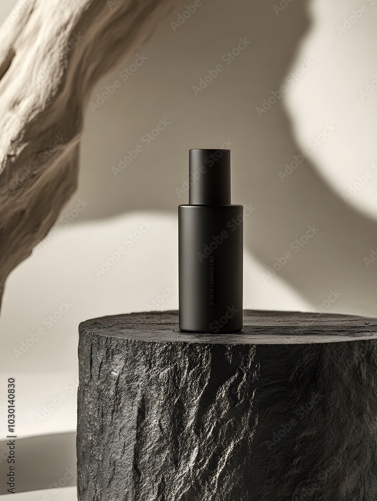 Poster a sleek black bottle on a textured surface with soft shadows in a minimalist setting.