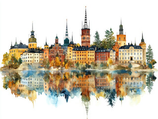 Fototapeta premium Charming Swedish town with colorful buildings and water reflections