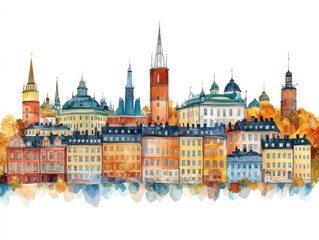 Obraz premium Charming Swedish town with colorful buildings and water reflections