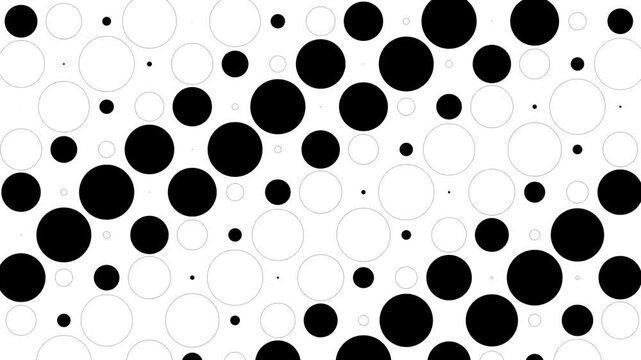 Minimalistic black and white circle pattern with varying sizes of bubbles distributed across a white background. Gives a sense of simplicity and elegance. 4K Seamless loop