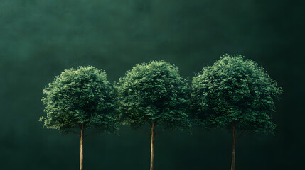 A Captivating Digital Painting Showcasing Three Trees of Varying Heights Against a Dark Green Canvas
