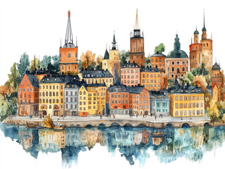 Obraz premium Charming Swedish town with colorful buildings and water reflections