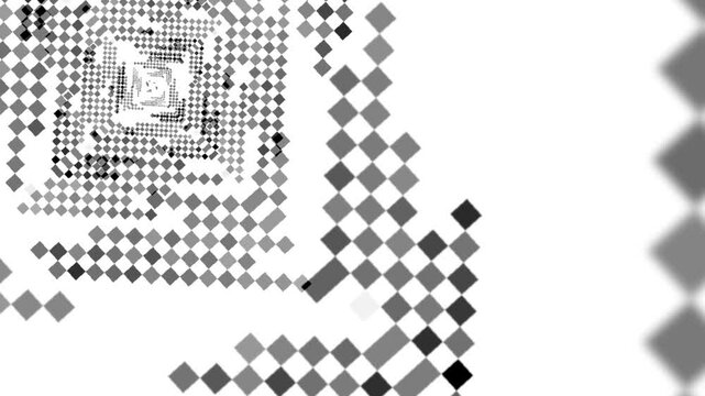 Abstract black and white pixelated spiral pattern. Checkered forming a spiral that gives a sense of depth and motion. Create an optical illusion, drawing the viewer's eye