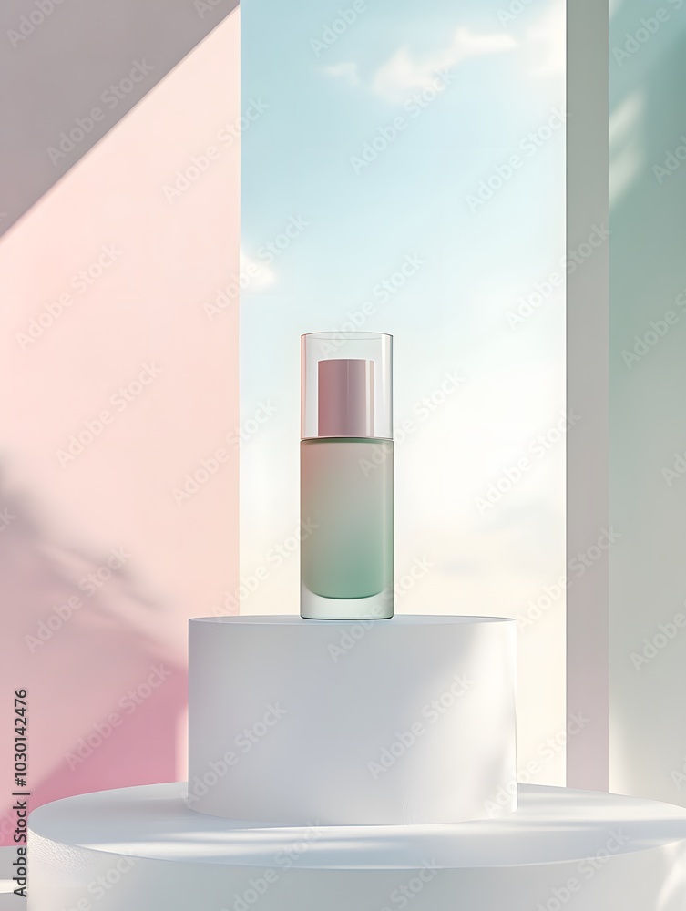 Poster a minimalist perfume bottle displayed on a pedestal with a soft gradient background.