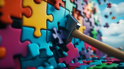 A colorful puzzle wall with a hammer striking a piece, symbolizing problem-solving and creativity, with scattered puzzle pieces in the background against a bright sky